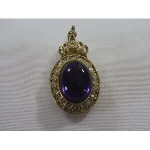 VTG Pendant Amethyst Purple Rhinestone Gold Tone 1.5"‎ Novelty Cabochon Elegant